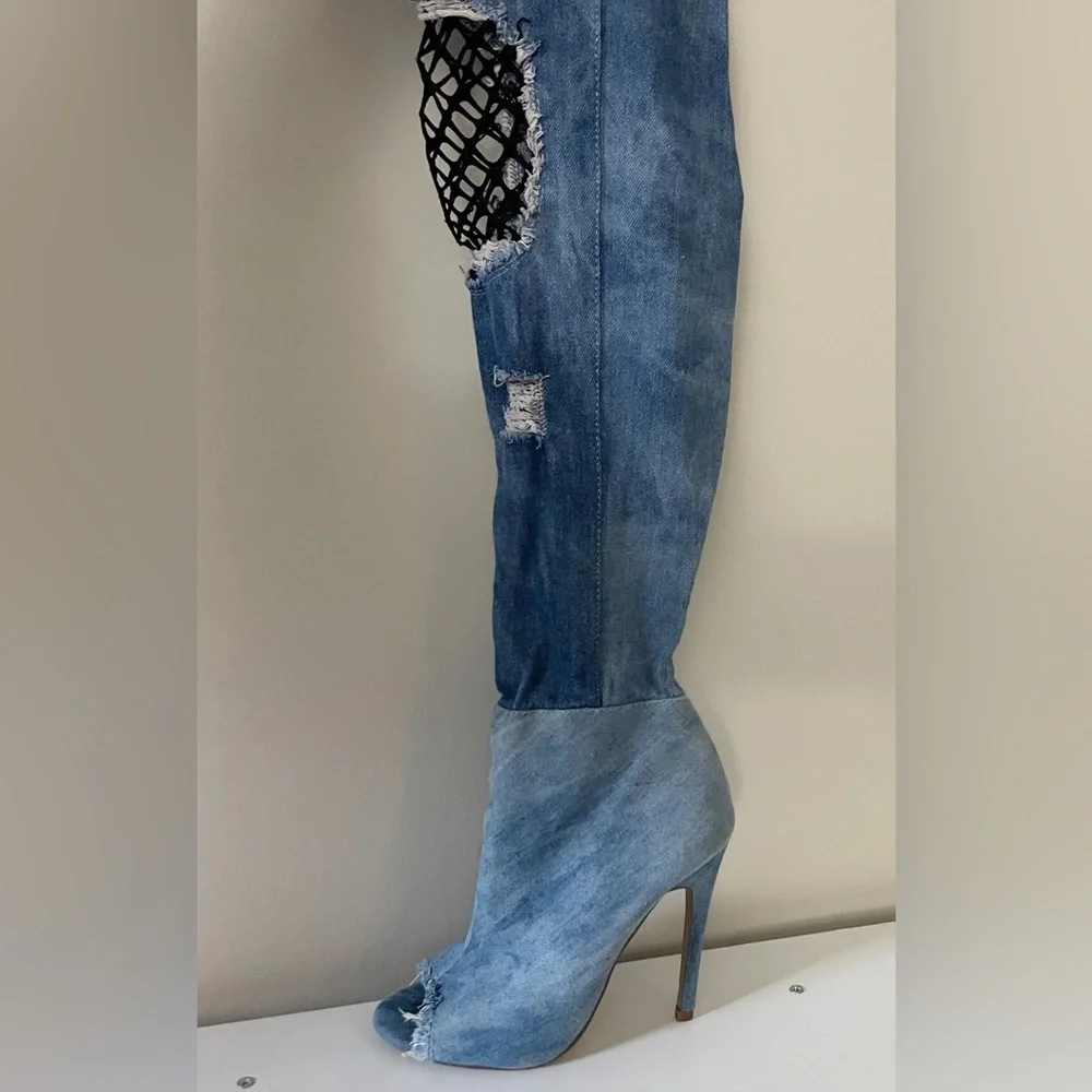 Blue Denim Knee High Peep Toe Boots Party Club Streetwear Festival